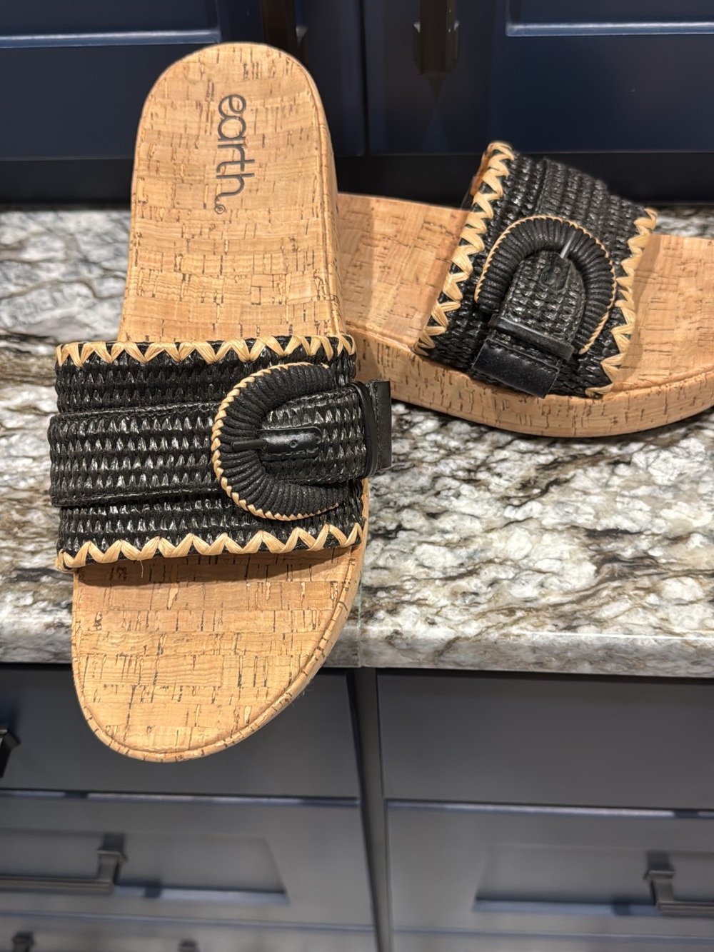 Earth Black Woven Cork Slide Mules with Contrast Trim